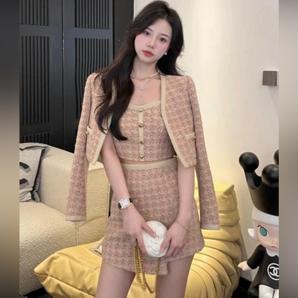 Tweed Plaid Korea Crop Jacket Vest & High Waist Skort 3 Piece Matching Set